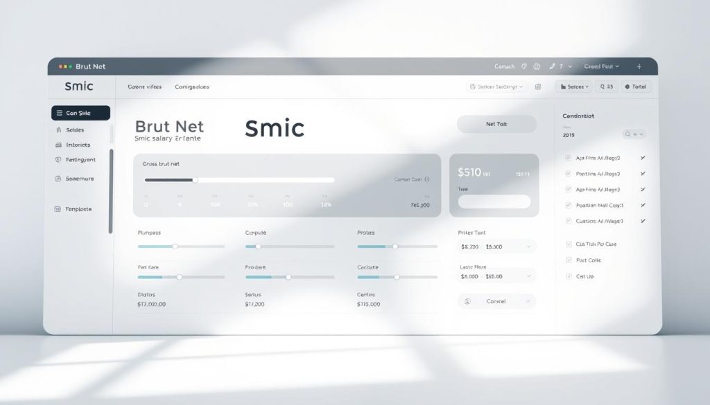 A clean, well-designed dashboard displaying the brand name "Smic Brut Net" in a prominent yet minimalist manner. The interface showcases a series of intuitive sliders and input fields, allowing the user to seamlessly input their gross salary and effortlessly calculate the corresponding net pay. The layout is balanced, with ample negative space and a sleek, monochromatic color scheme that exudes a sense of professionalism and precision. Subtle lighting casts a soft, natural glow across the scene, creating a calm and inviting atmosphere. The perspective is slightly elevated, giving the viewer a comprehensive overview of the intuitive user experience. Overall, the image conveys a sense of simplicity, functionality, and user-friendly design, perfectly complementing the "Calculer SMIC brut en net en France Facilement" article section.