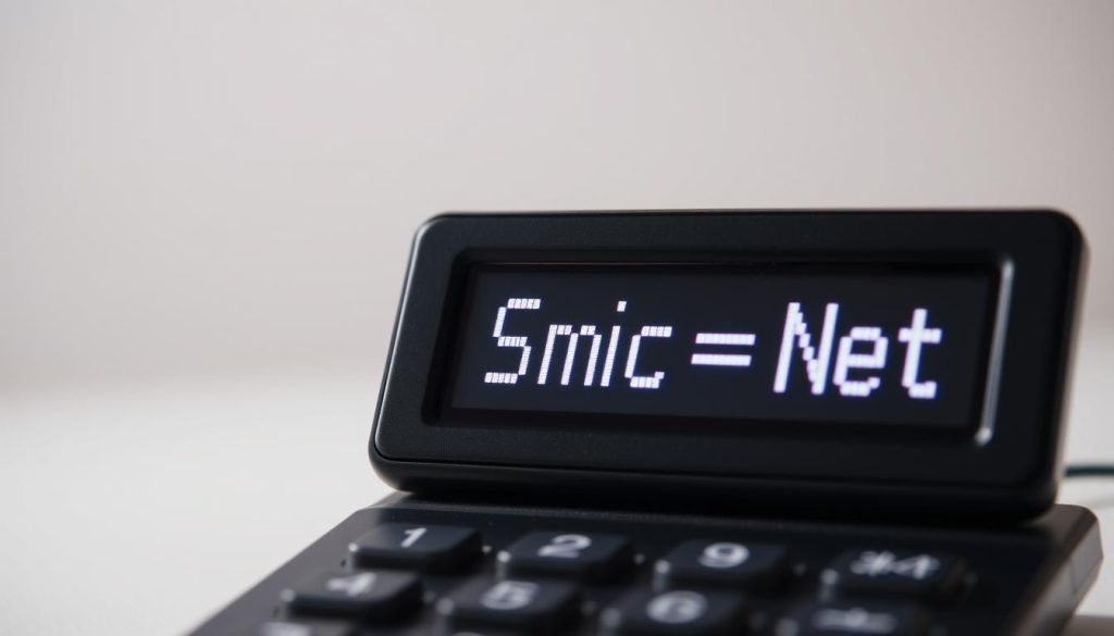 A close-up view of a digital calculator display showing the calculation "Smic Brut Net" with clear, crisp digits. The screen is set against a clean, minimalist background with muted tones, allowing the numbers to be the focal point. The display is illuminated by soft, directional lighting, creating a sense of depth and highlighting the precision of the calculation. The overall composition conveys a sense of efficiency and professionalism, reflecting the process of converting the Gross Minimum Wage (SMIC Brut) into the Net Hourly Wage (SMIC Net).