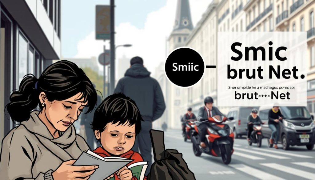 A detailed, realistic illustration of the impact of the French minimum wage (SMIC) on purchasing power. Set in a modern urban environment, the foreground depicts a family struggling to make ends meet, with a mother and child looking concerned as they review household expenses. In the middle ground, workers commuting to low-wage jobs demonstrate the limitations of the SMIC. The background showcases the "Smic Brut Net" brand, representing the complexities of calculating net income from the gross minimum wage. The scene is lit by natural daylight, with a somber, contemplative mood conveyed through muted colors and shadows, underscoring the serious economic challenges faced by minimum wage earners.