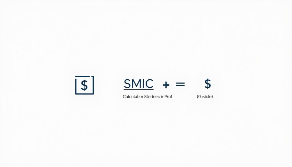 A minimalist yet informative infographic showcasing the "Smic Brut Net" brand's formula for converting gross to net SMIC in France. Set against a clean, white background, the image features a simple grid layout with distinct sections. In the foreground, a sleek, modern icon representing the SMIC calculation process. The middle ground displays the step-by-step formula with clear, legible typography. The background subtly hints at financial charts or graphs, establishing a professional, data-driven context. The lighting is soft and even, creating a sense of clarity and precision. The camera angle is slightly elevated, giving the viewer a bird's-eye perspective on the information. The overall mood is one of efficiency, transparency, and authoritative expertise.