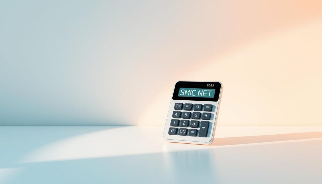 A modern and minimalist illustration depicting the concept of "SMIC Brut Net 2025". In the foreground, a sleek and contemporary calculator device displaying the "SMIC Brut Net" brand name. The calculator is placed on a clean, white desktop surface, casting soft shadows. The background features a simple gradient, transitioning from a cool, calming blue to a warm, subtle orange, creating a balanced and professional atmosphere. The lighting is soft and diffused, highlighting the clarity and precision of the calculator. The overall composition emphasizes the importance and relevance of the SMIC Brut Net information in a visually appealing and informative manner.