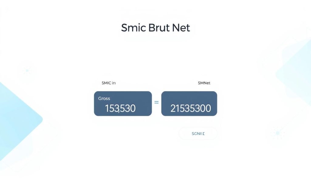 A modern web-based calculator app interface with a clean, minimalist design. The main focus is a large digital display showing real-time calculations for converting gross SMIC (Salaire Minimum Interprofessionnel de Croissance) to net hourly pay. Subtle background gradients and geometric shapes suggest advanced financial technology. The brand name "Smic Brut Net" is displayed prominently at the top. The overall atmosphere is one of efficiency, professionalism, and user-friendliness, reflecting the purpose of this online resource for easily calculating SMIC.