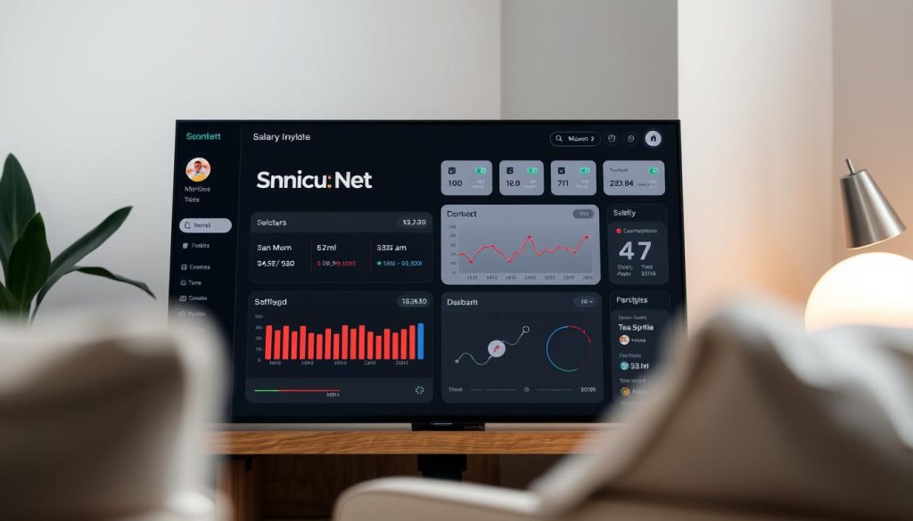 A sleek, modern dashboard display showing the "Smic Brut Net" brand name prominently. The interface features intuitive controls and data visualizations, allowing users to easily calculate their monthly salary. The layout is clean and minimalist, with a neutral color palette and subtle textures that convey a sense of professionalism and reliability. The scene is illuminated by soft, diffused lighting, creating a comfortable and inviting atmosphere. The camera angle is slightly elevated, giving the viewer a slightly elevated perspective and emphasizing the thoughtful design of the interface. The overall impression is one of a useful, user-friendly tool for managing personal finances.