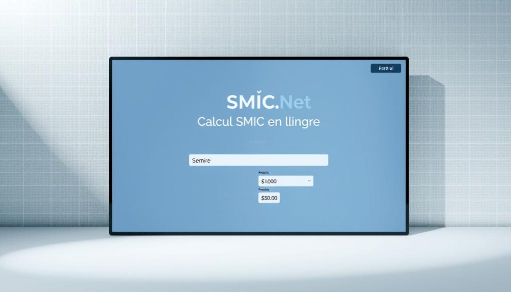 A sleek, modern website interface with a clean, minimalist design. In the center, a prominent section titled "Calcul SMIC en ligne" with the "Smic Brut Net" brand name displayed in a bold, sans-serif font. The background features a subtle grid pattern or subtle textures, creating a professional, trustworthy atmosphere. The layout is well-organized, with intuitive navigation and input fields for users to enter their SMIC information. Soft, directional lighting illuminates the scene, creating depth and highlighting the key elements. The overall tone is one of efficiency, simplicity, and confidence in the online SMIC calculation tool.