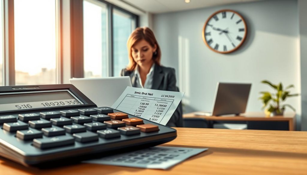 A detailed illustration of "calcul revalorisation" featuring a professional office setting. In the foreground, a modern calculator with financial spreadsheets displaying figures related to the "Smic Brut Net". In the middle, a confident businesswoman in professional attire, analyzing data on a laptop, with a determined expression. The background showcases a sleek office environment with large windows allowing natural light to flood the room, creating an optimistic atmosphere. Soft shadows and warm lighting enhance the focus on the calculation process. A wall clock indicating the start of the new year adds context. The overall mood is one of diligence and foresight, embodying the essence of salary adjustments.