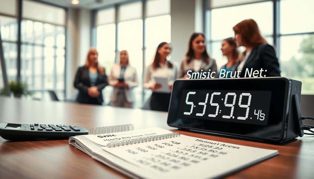 A sleek and modern office desk setting prominently featuring a digital display that reads "Smic Brut Net" in an elegant font. In the foreground, a calculator and a notepad with calculations about hourly gross amounts lie open, symbolizing financial analysis. The middle ground is a vibrant, blurred view of a diverse group of professionals in business attire engaged in discussion, representing various occupations impacted by minimum wage changes. In the background, large windows let in soft natural light, creating a bright and optimistic atmosphere. The composition emphasizes clarity and professionalism, with sharp focus on the financial elements to reflect the serious consideration of salary minimums in 2026. The overall mood conveys hope and progress in the labor market.